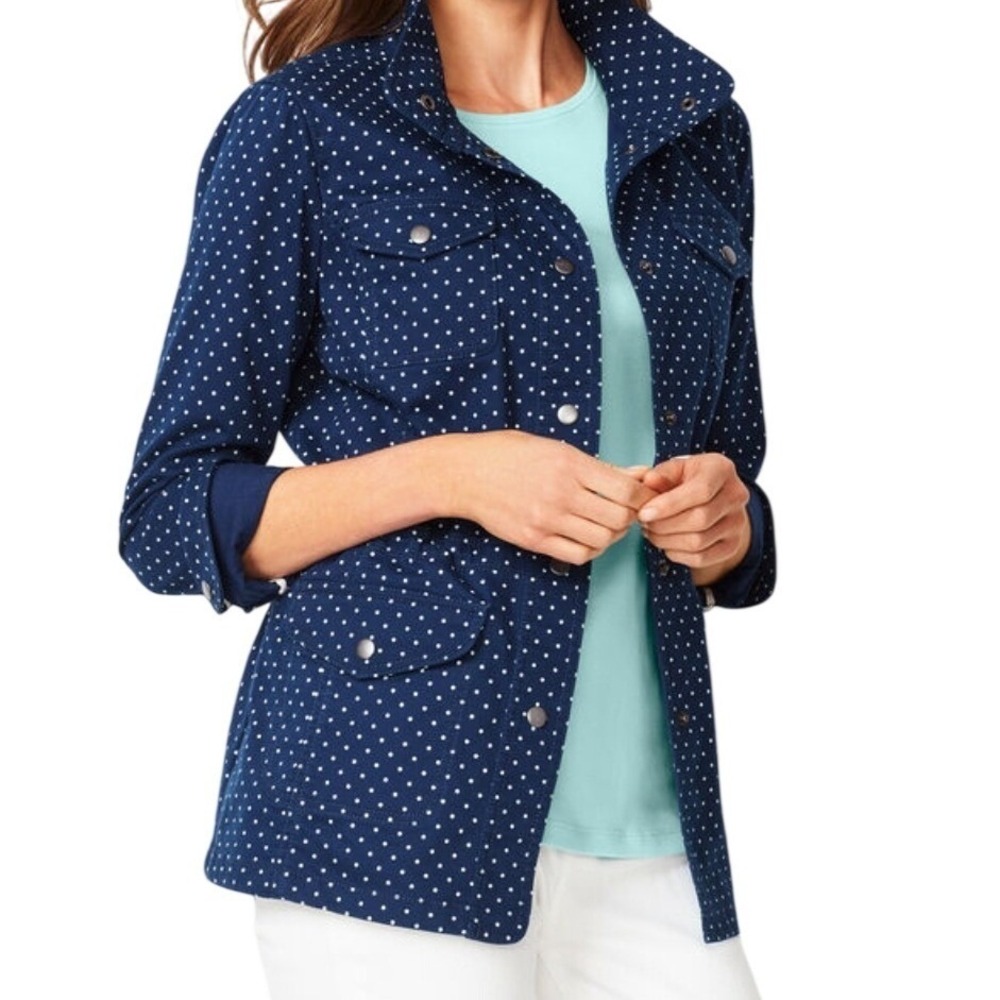Talbots Plus Casual Drawcord Jacket Dot Blue White Cotton Polka Dot Womens Sz 2X